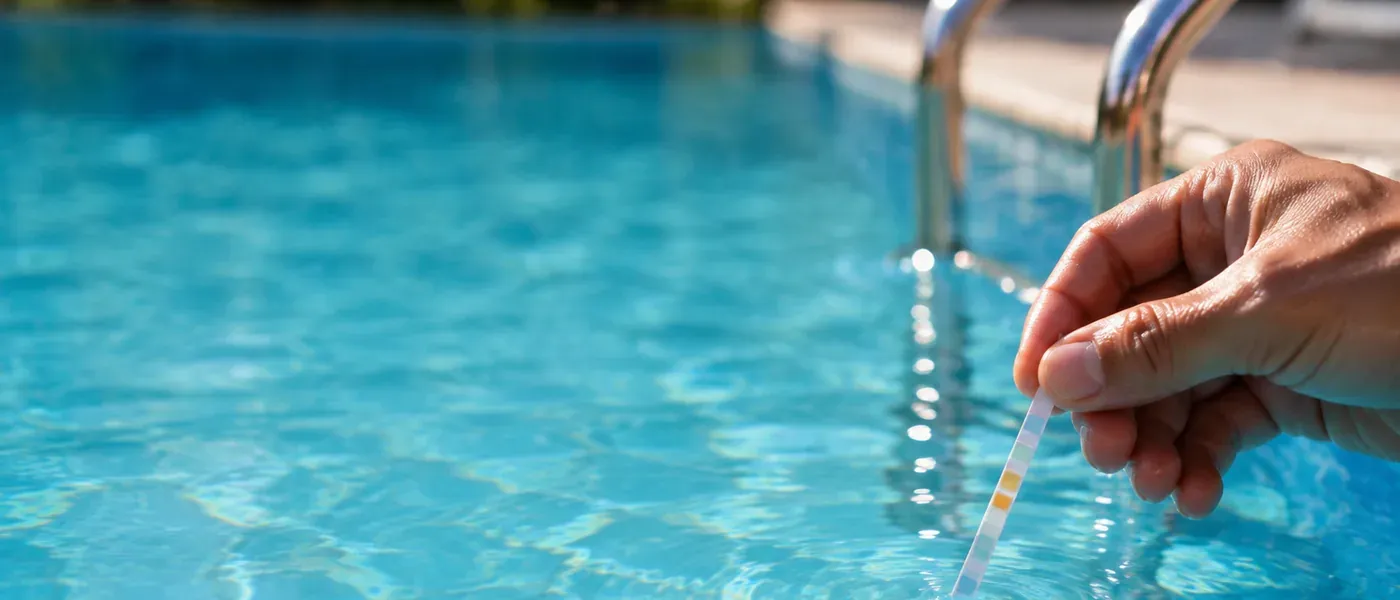 Main plongeant une bandelette de test dans l'eau claire d'une piscine, près de l'échelle en inox